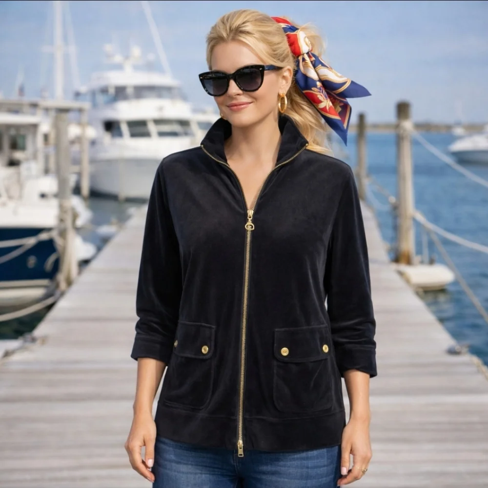 Ralph Lauren Black Velour Preppy Casual Jacket Zip Lounge Track Sporty  sz M